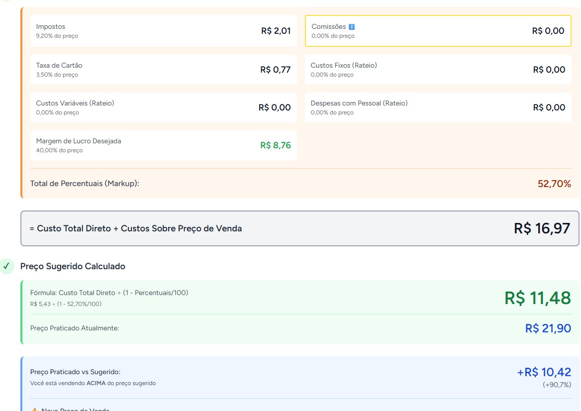 Preço sugerido calculado automaticamente