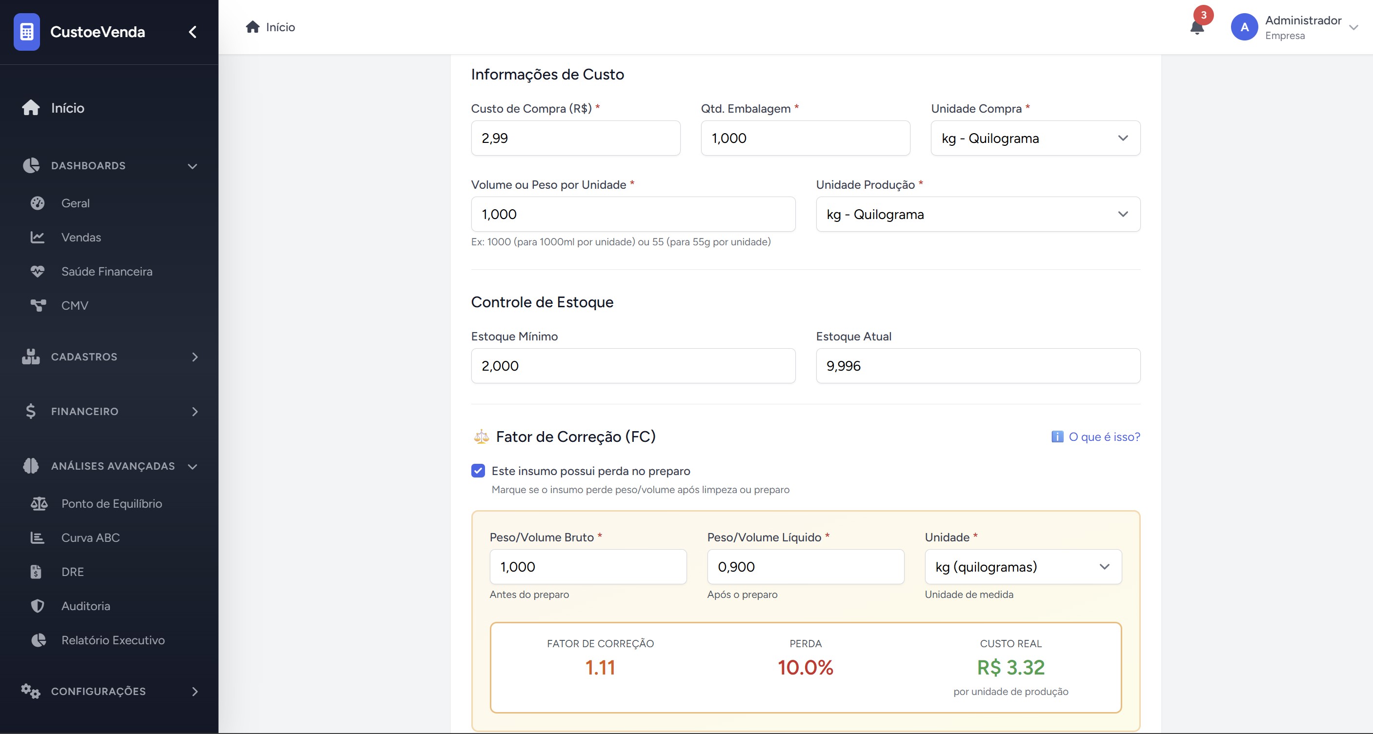 Cadastro de insumos com fator de correção